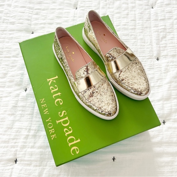 Kate Spade Gold Glitter Slip On Sneaker Loafers Size 5 - Picture 1 of 9
